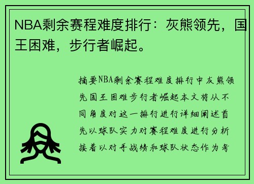 NBA剩余赛程难度排行：灰熊领先，国王困难，步行者崛起。
